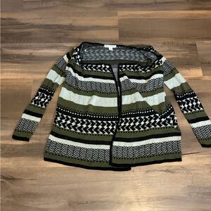 Womens Say What? Olive, Black & Cream Striped Open-Front Cardigan Size Medium